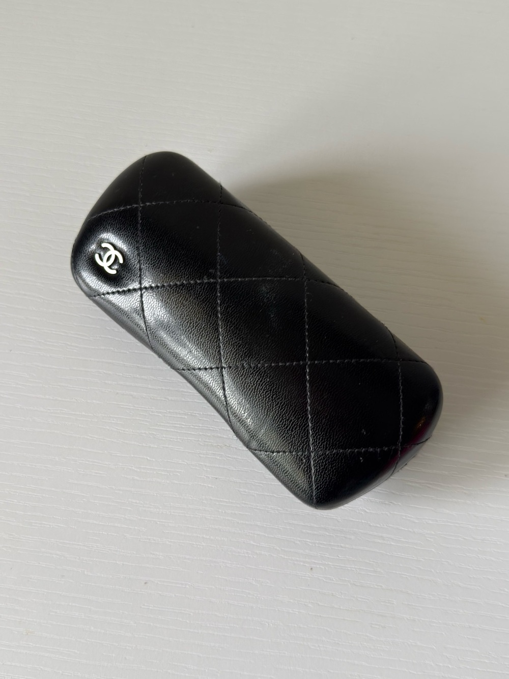 CHANEL Black Quilted Leather Glasses Case with Silver Logo